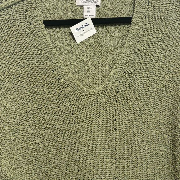 Rachel Zoe Nubby V-Neck Sweater Sz L Green Relaxed Fit Reverse Seam - Picture 3 of 7